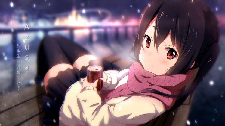anime Girls, Coffee, Winter, Scarf, Nakano Azusa, K ON! HD Wallpaper Desktop Background