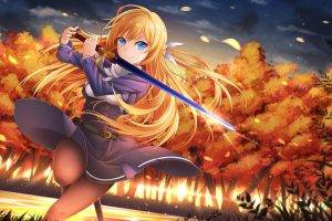 anime Girls, Blue Eyes, Original Characters, Blonde, Sword, Weapon, Pantyhose, Fall