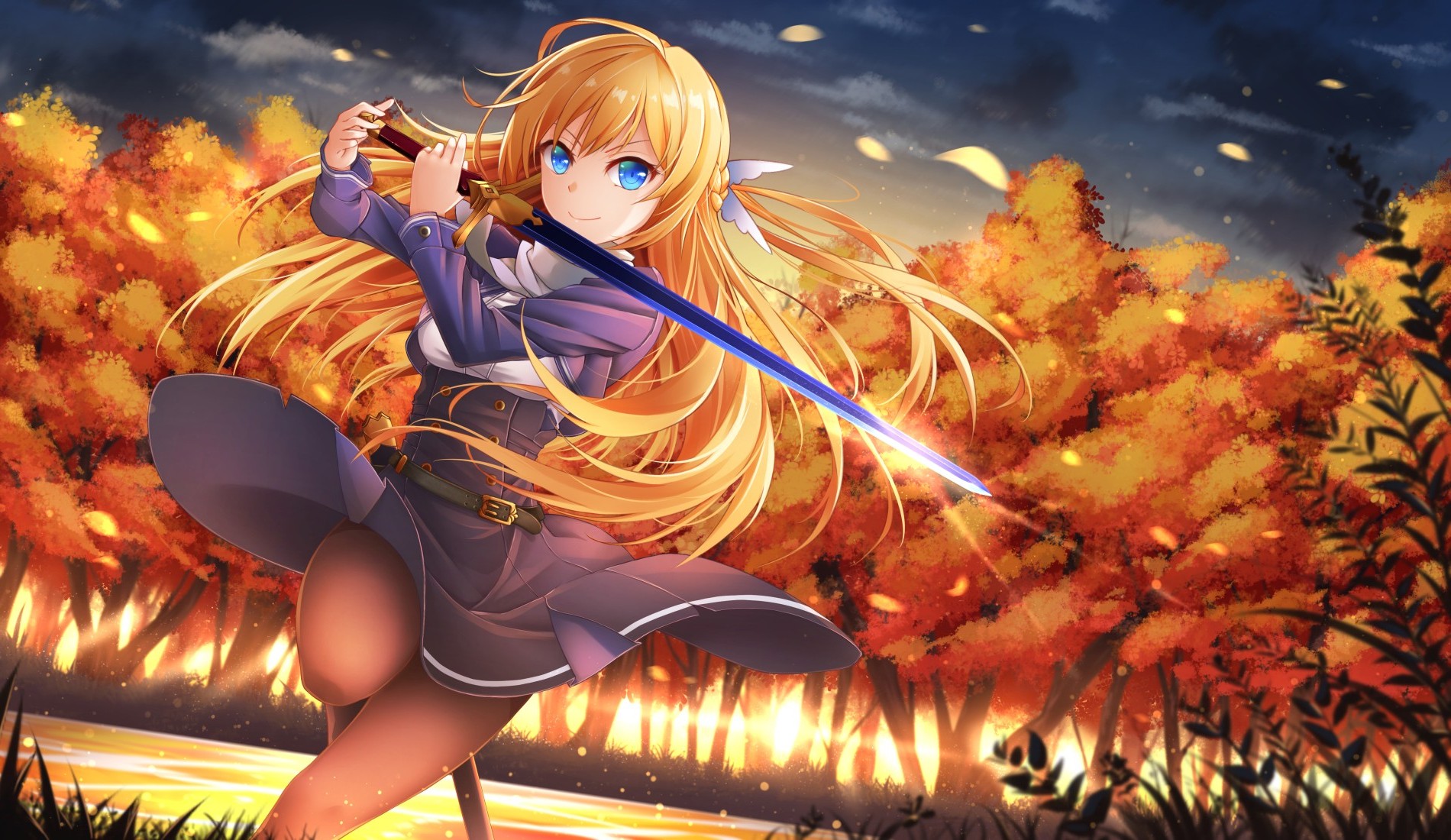 anime Girls, Blue Eyes, Original Characters, Blonde, Sword, Weapon