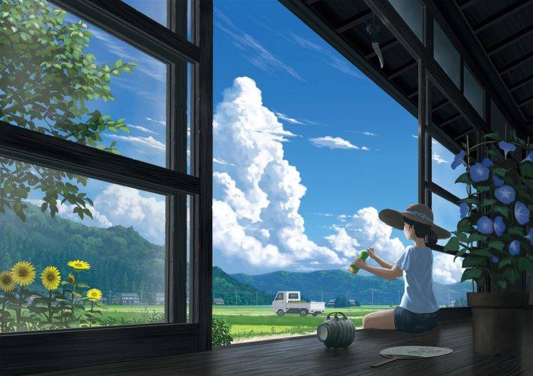 anime Girls, Clouds, Truck, Flowers, Original Characters HD Wallpaper Desktop Background