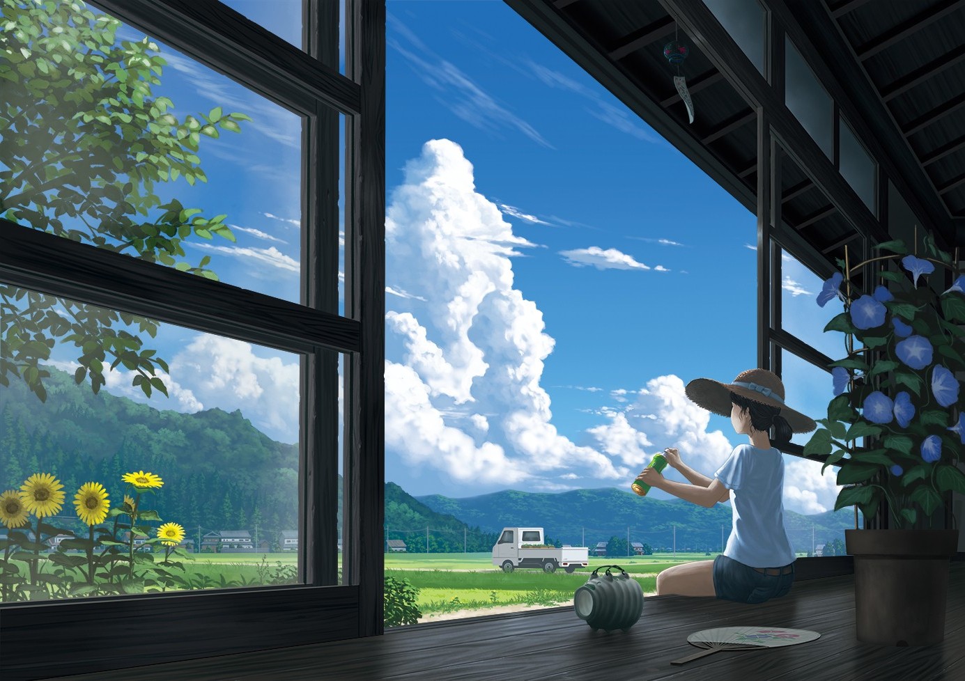 anime Girls, Clouds, Truck, Flowers, Original Characters Wallpaper