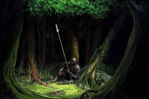 artwork, Fantasy Art, Trees, Forest, Knight, Armor, Spear
