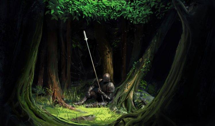 artwork, Fantasy Art, Trees, Forest, Knight, Armor, Spear HD Wallpaper Desktop Background