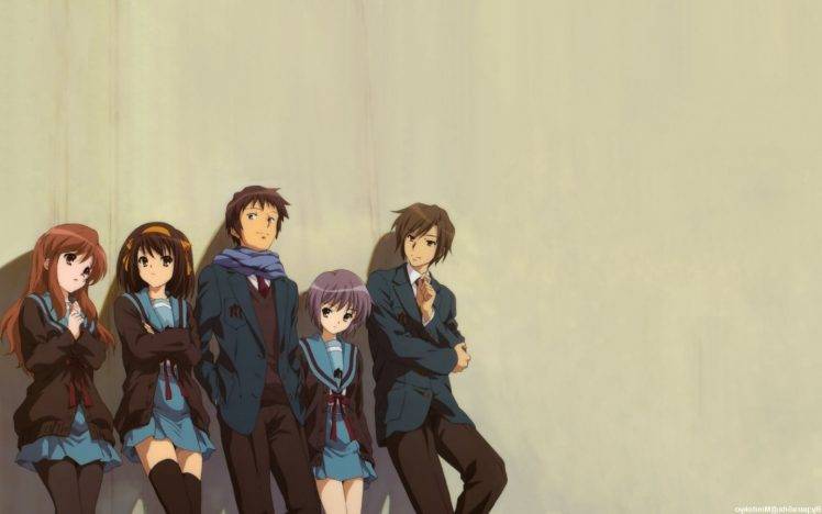 The Melancholy Of Haruhi Suzumiya, Nagato Yuki, Kyon, Asahina Mikuru, Koizumi Itsuki, Suzumiya Haruhi, Anime, Anime Girls, Anime Boys, School Uniform HD Wallpaper Desktop Background
