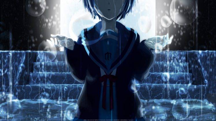 The Melancholy Of Haruhi Suzumiya, Nagato Yuki, Rain, Anime, Anime Girls, Short Hair, School Uniform HD Wallpaper Desktop Background