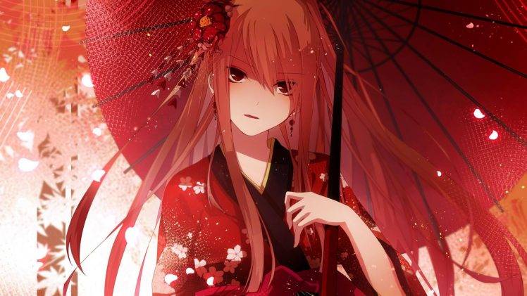 umbrella, Anime Girls, Flowers, Kimono, Original Characters HD Wallpaper Desktop Background
