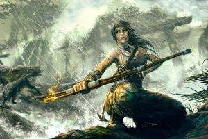 women, Fantasy Art, Lara Croft, PC Gaming, Bows, Rain, Nature, Fire Fighter