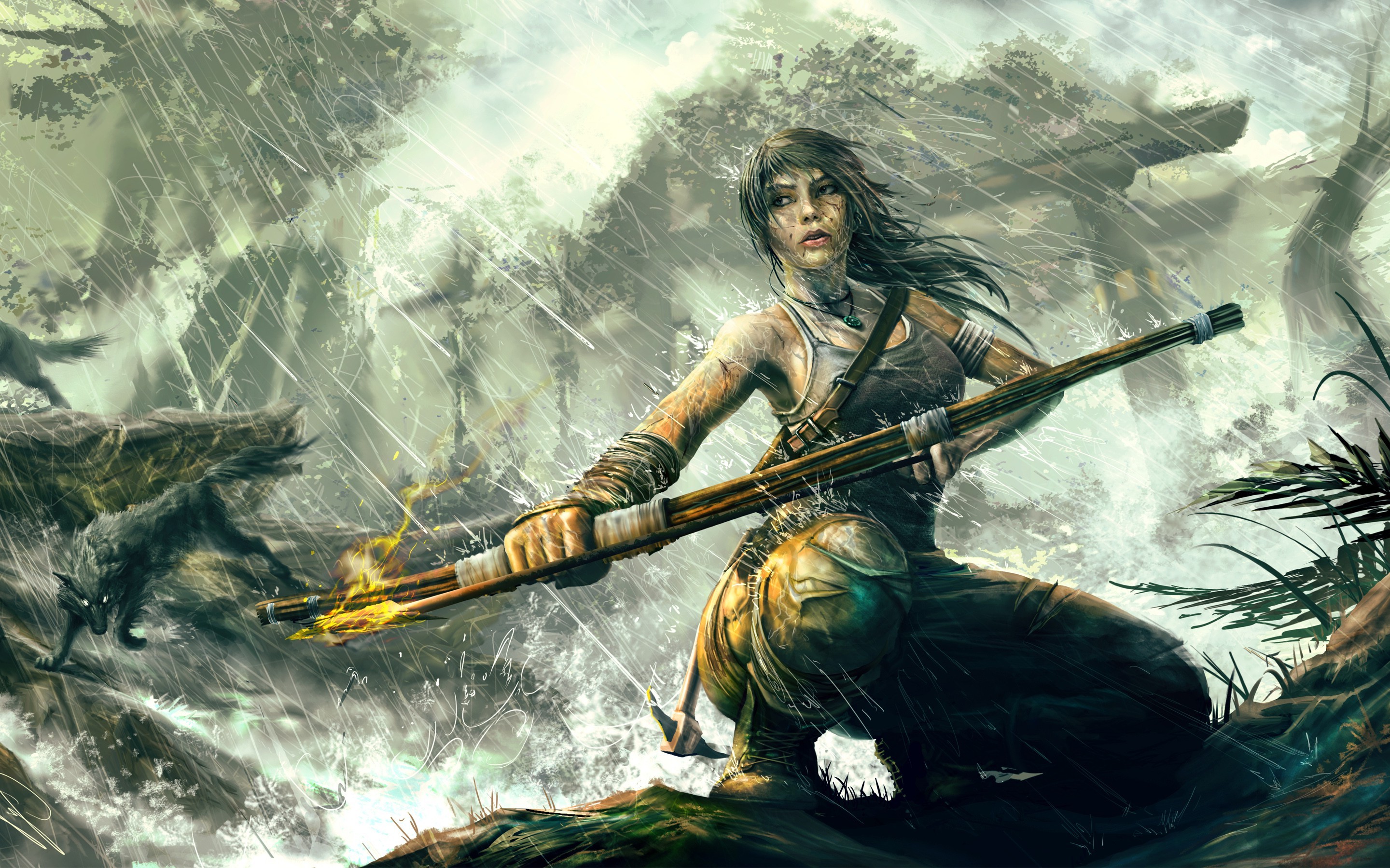 women, Fantasy Art, Lara Croft, PC Gaming, Bows, Rain, Nature, Fire Fighter Wallpaper