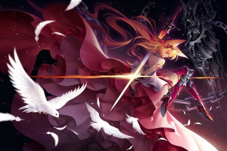 anime, Anime Girls, Sword, Birds, Original Characters, Kitsunemimi, Thigh highs, Dress HD Wallpaper Desktop Background
