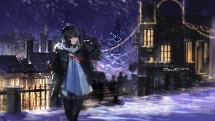 snow, Christmas, Night, Winter, Swd3e2, Original Characters, Anime Girls HD Wallpaper Desktop Background