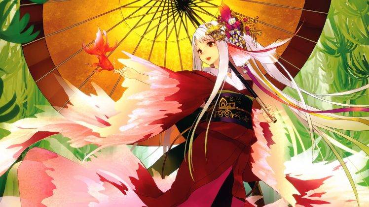 anime Girls, Umbrella, Fish, Kimono, Japanese Umbrella, Original Characters HD Wallpaper Desktop Background