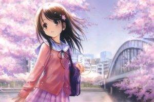 anime Girls, Shirt, City, Bridge, Original Characters, Cherry Blossom, School Uniform