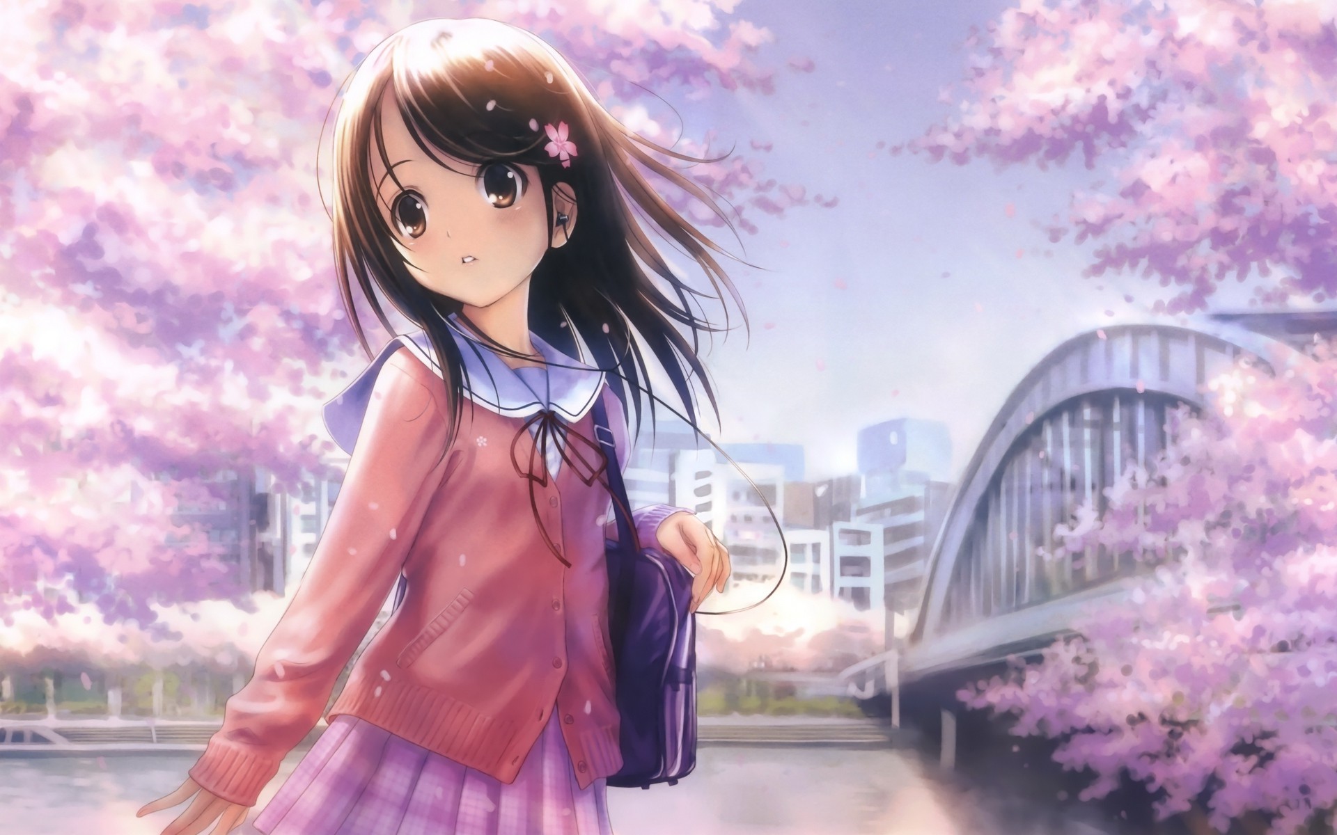 anime Girls, Shirt, City, Bridge, Original Characters, Cherry Blossom, School Uniform Wallpapers 