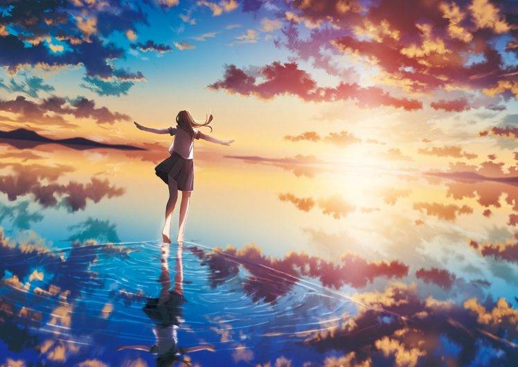 sea, Sunset, Sun, Clouds, Original Characters, Anime Girls, Reflection, School Uniform HD Wallpaper Desktop Background