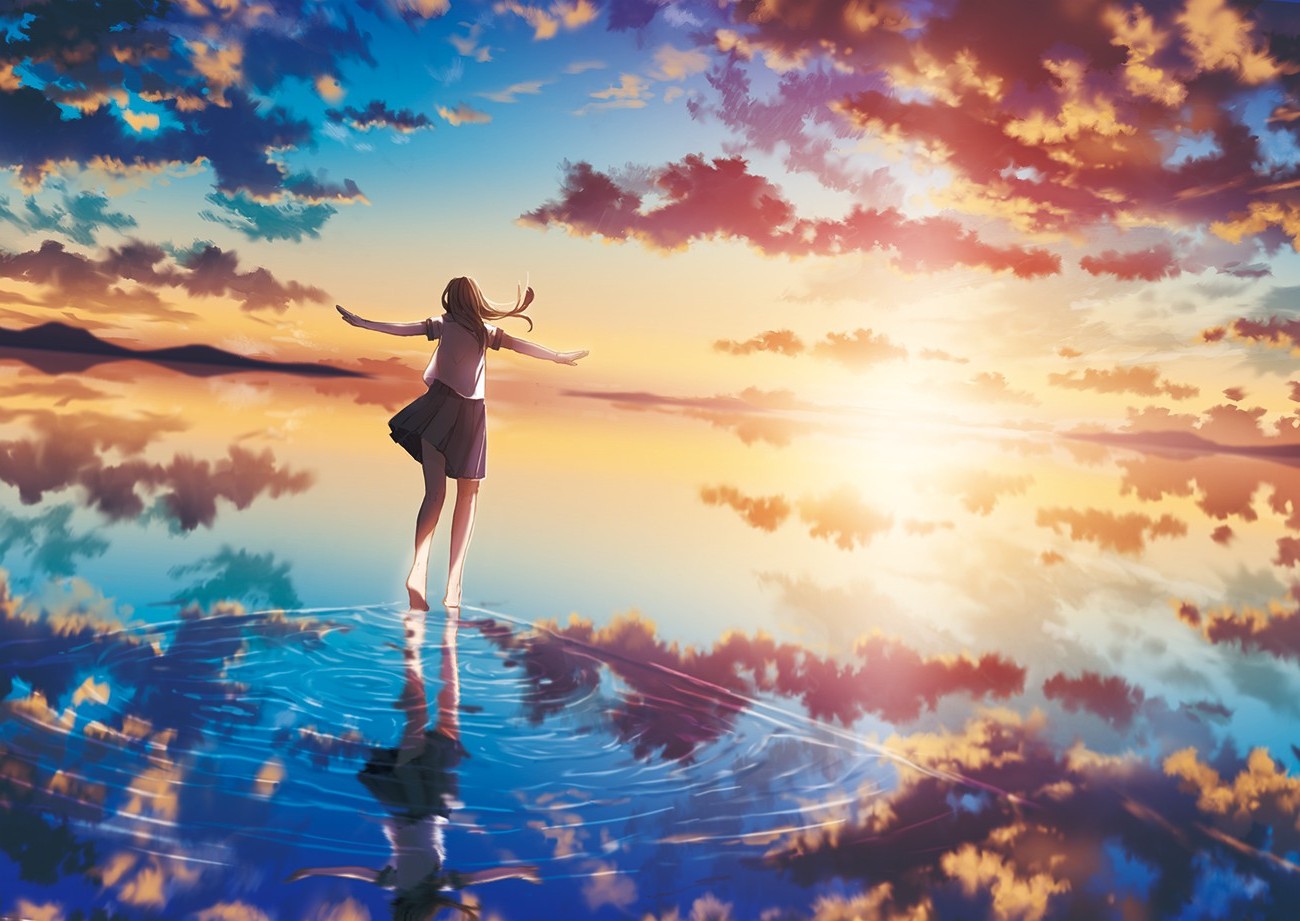 sea, Sunset, Sun, Clouds, Original Characters, Anime Girls, Reflection ...