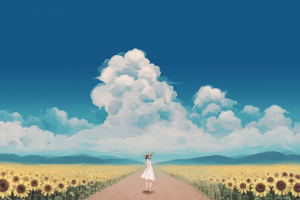sunflowers, Anime Girls, Dress, Sky, Clouds, Original Characters, Anime