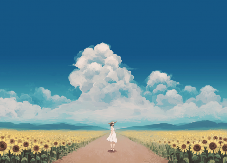 sunflowers, Anime Girls, Dress, Sky, Clouds, Original Characters, Anime HD Wallpaper Desktop Background