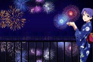 New Year, Anime, Kimono, Fireworks, THE IDOLM@STER, Kisaragi Chihaya