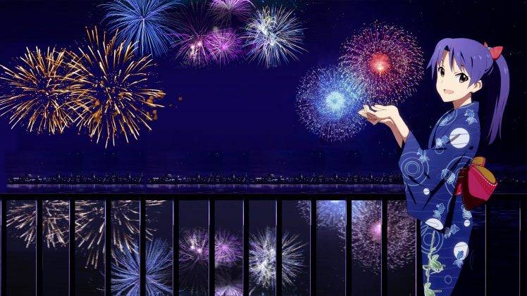 New Year, Anime, Kimono, Fireworks, THE IDOLM@STER, Kisaragi Chihaya HD Wallpaper Desktop Background
