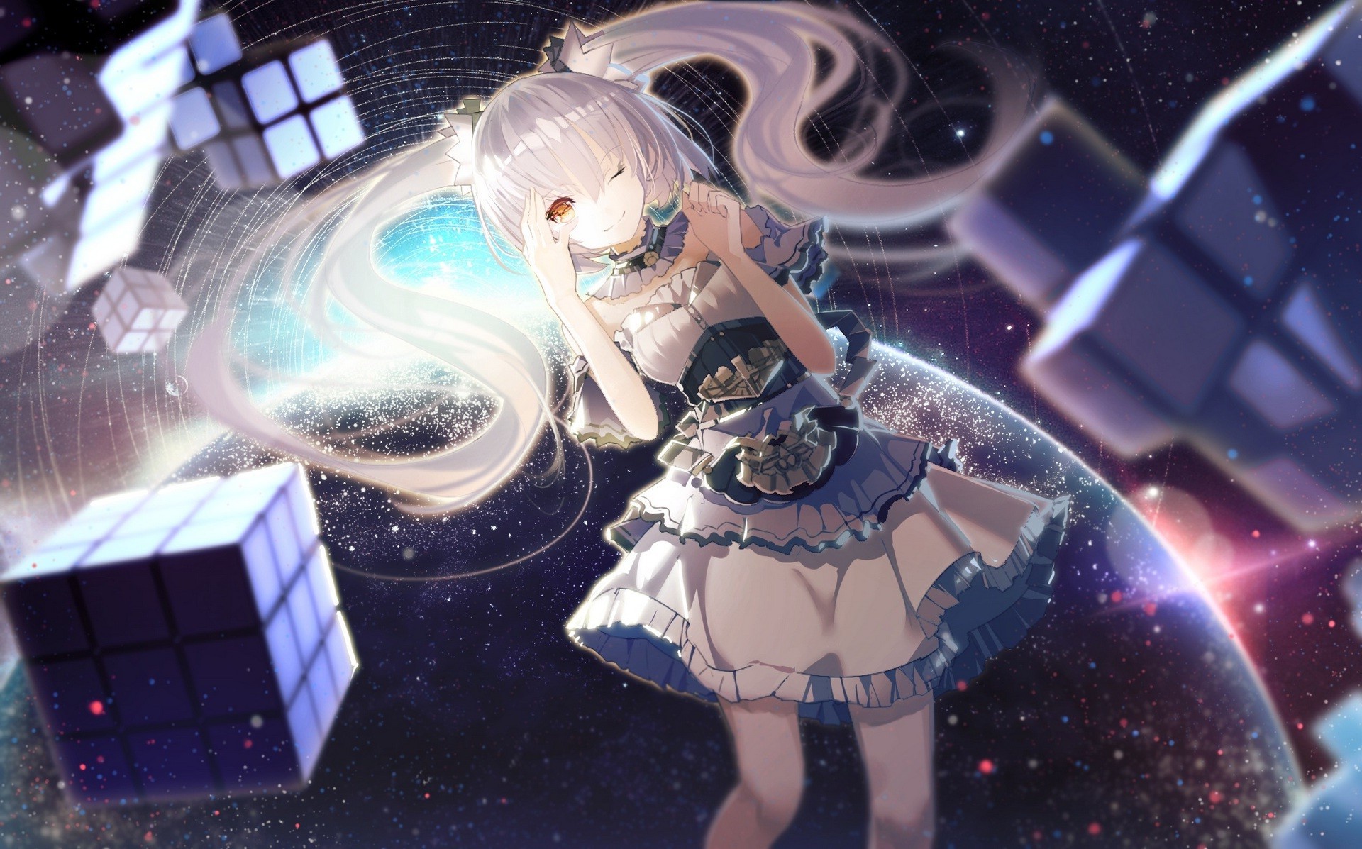 twintails, Yellow Eyes, Cube, Planet, White Hair, Stars Wallpaper