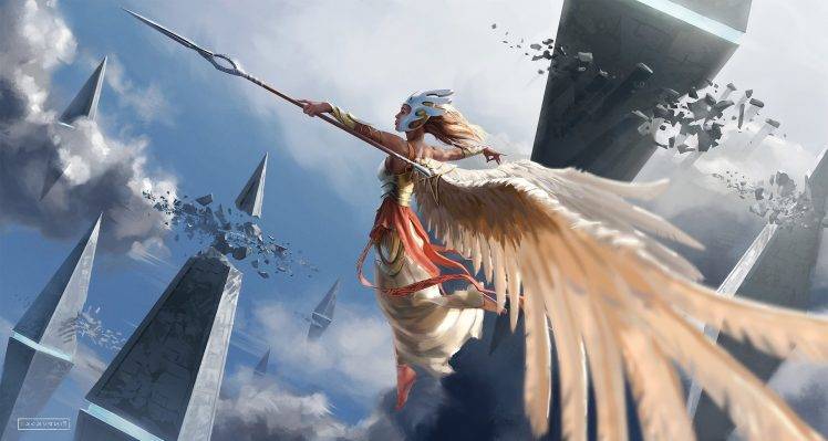 fantasy Art, Spear, Wings, Flying, Clouds HD Wallpaper Desktop Background