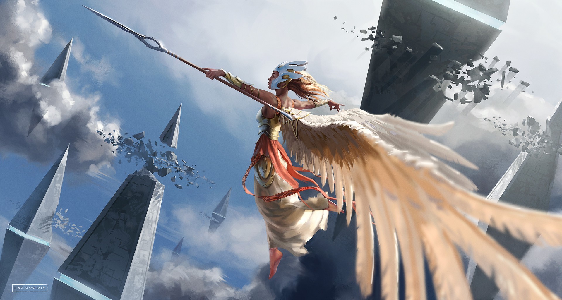 fantasy Art, Spear, Wings, Flying, Clouds Wallpaper