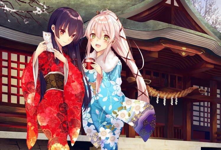 anime, Anime Girls, Kimono, Traditional Clothing, Isokaze (KanColle), Yura (KanColle), Kantai Collection HD Wallpaper Desktop Background