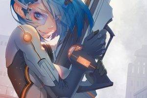 anime, Anime Girls, Short Hair, Blue Hair, Rifles, Suits, Science Fiction