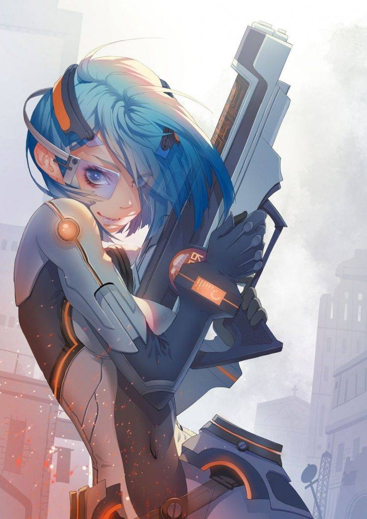 anime, Anime Girls, Short Hair, Blue Hair, Rifles, Suits, Science Fiction HD Wallpaper Desktop Background