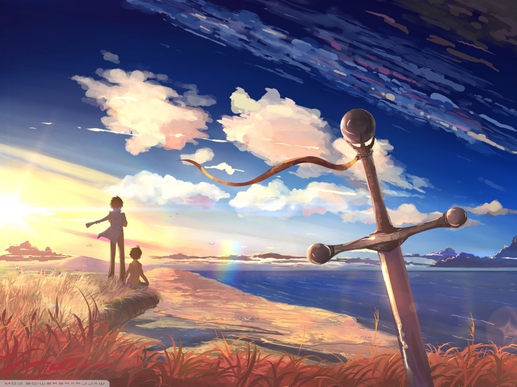 sword, Couple, Sky, Anime Boys, Anime Girls, Sea, Clouds Wallpaper