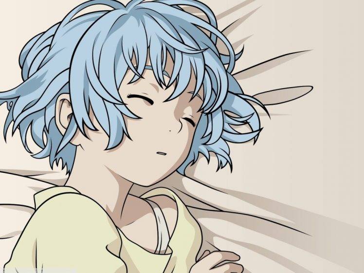 anime Girls, Sleeping, T shirt, Blue Hair, Bed, Shangri La, Houjou Kuniko, Murata Range HD Wallpaper Desktop Background