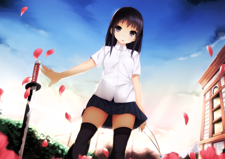 anime, Skirt, Sword, Katana, Original Characters, School Uniform, Anime Girls HD Wallpaper Desktop Background