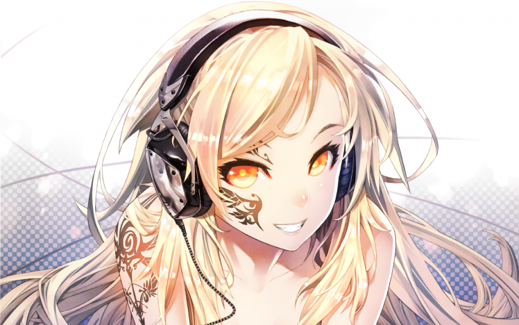anime, Anime Girls, Blonde, Headphones, Long Hair, Yellow Eyes, Tattoo, Original Characters HD Wallpaper Desktop Background
