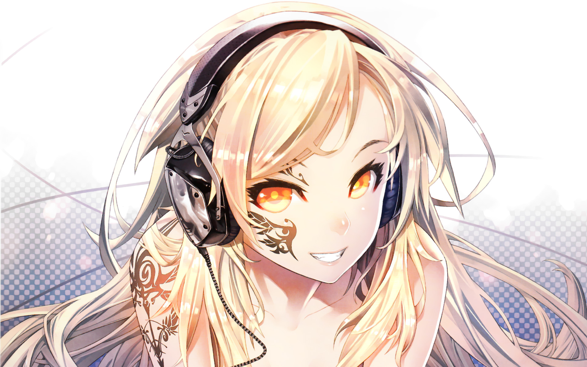 anime, Anime Girls, Blonde, Headphones, Long Hair, Yellow Eyes, Tattoo, Original Characters ...