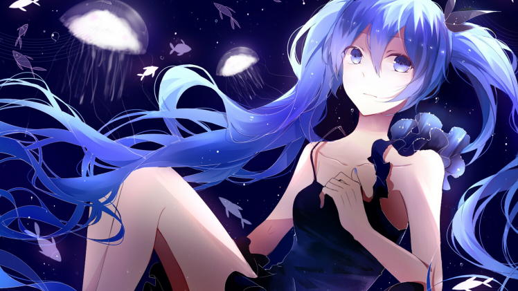anime, Anime Girls, Vocaloid, Hatsune Miku, Underwater, Jellyfish, Long Hair, Blue, Blue Eyes HD Wallpaper Desktop Background