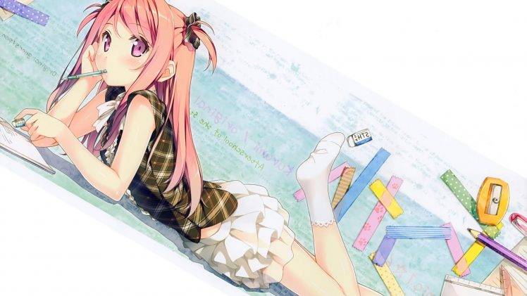 anime, Anime Girls, School Uniform, Plaid, Pink Eyes, Pink Hair, Socks, Skirt, Original Characters, Kantoku, Afterschool Of The 5th Year HD Wallpaper Desktop Background