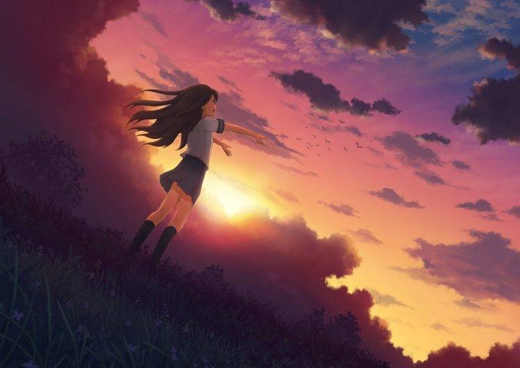 anime, School Uniform, Sunset, Original Characters, Anime Girls HD Wallpaper Desktop Background