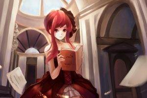 anime, Original Characters, Redhead, Reading, Dress, Anime Girls