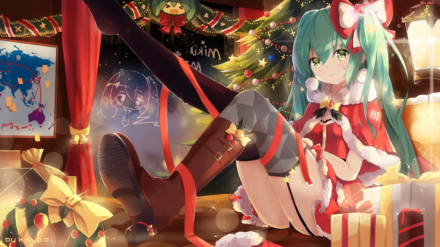anime, Vocaloid, Hatsune Miku, Christmas, Twintails Wallpaper