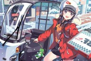anime, Helmet, Original Characters, Anime Girls, Pizza, Snow