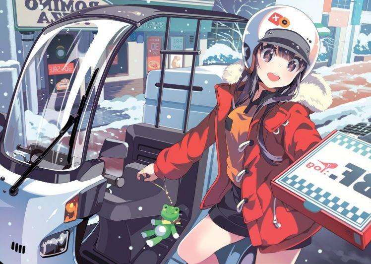 anime, Helmet, Original Characters, Anime Girls, Pizza, Snow HD Wallpaper Desktop Background