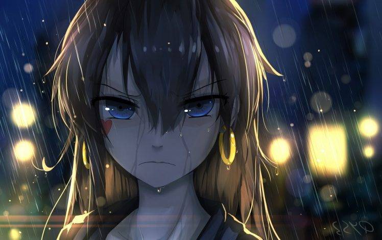 anime, Rain, Blue Eyes, Original Characters, Earrings, Anime Girls HD Wallpaper Desktop Background