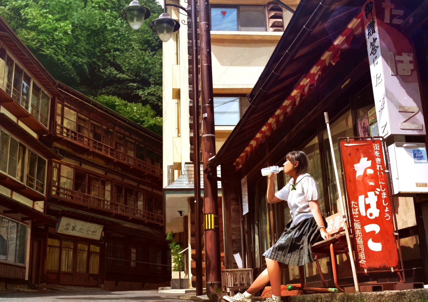 anime, School Uniform, Town, Street Wallpaper