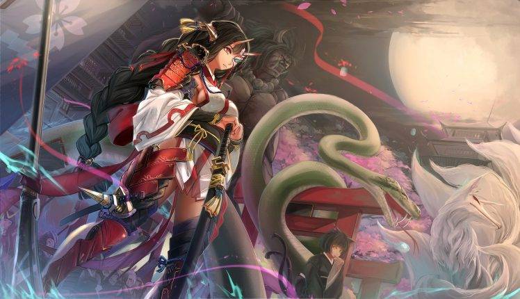 anime, Anime Girls, Original Characters, Snake, Fox, Samurai, Sword, Armor HD Wallpaper Desktop Background