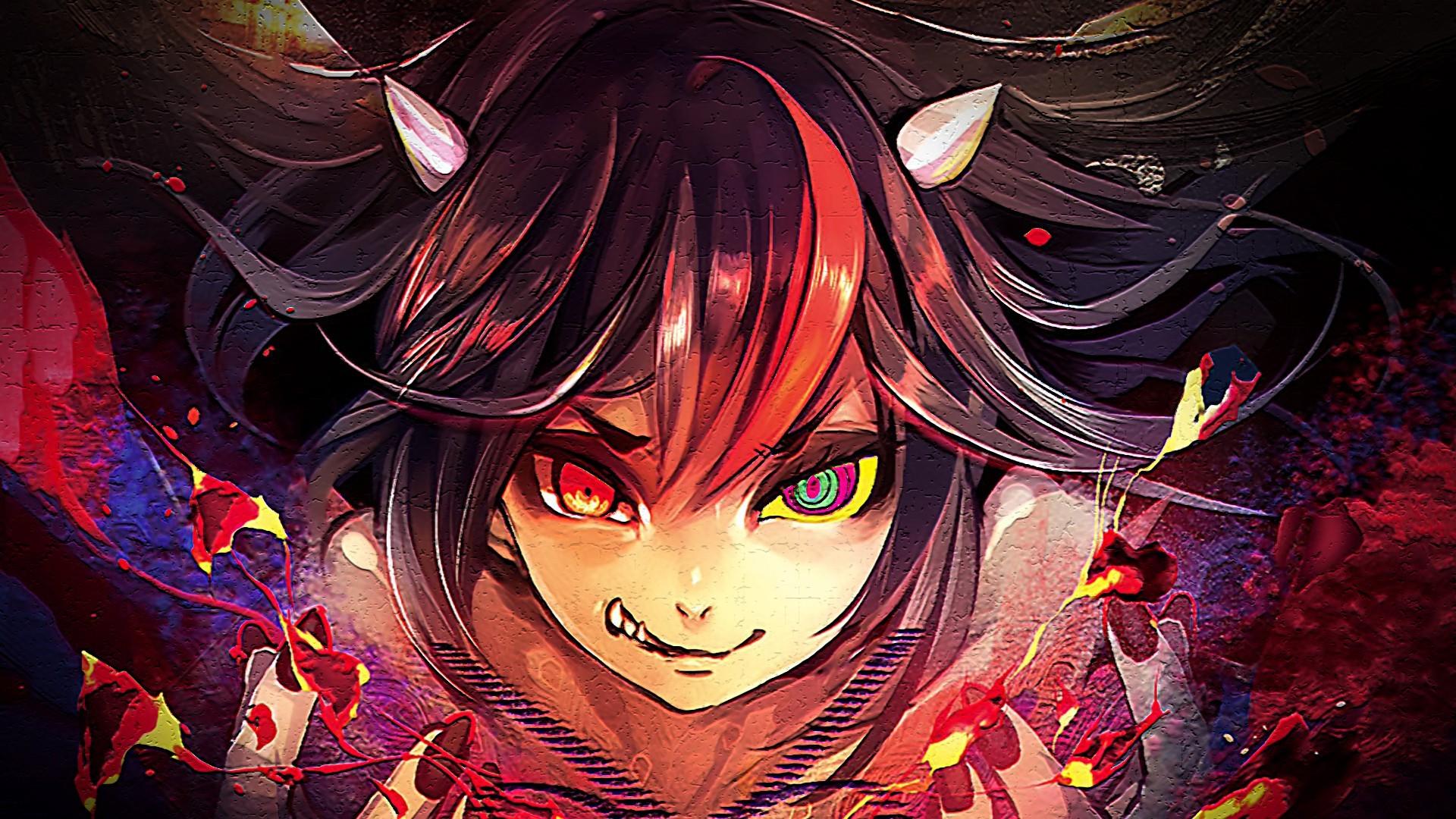 Touhou Black Hair Horns Fangs Red Nails Red Eyes