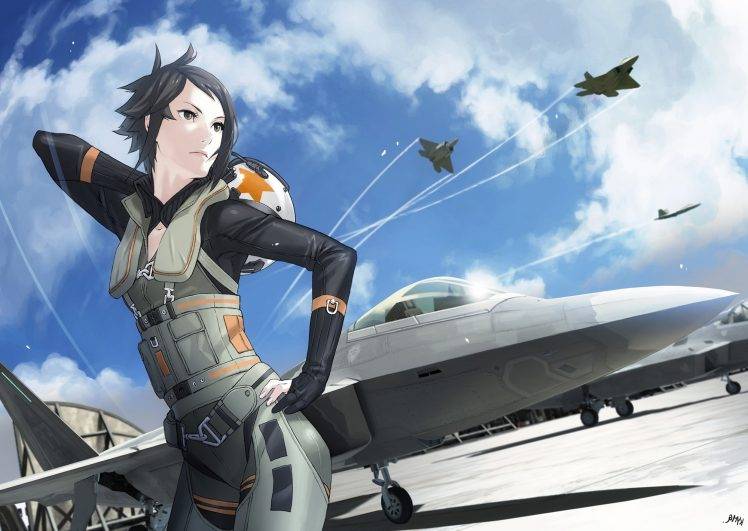 anime, Anime Girls, F 22 Raptor, Short Hair, Jet Fighter, Ace Combat, Kei Nagase HD Wallpaper Desktop Background