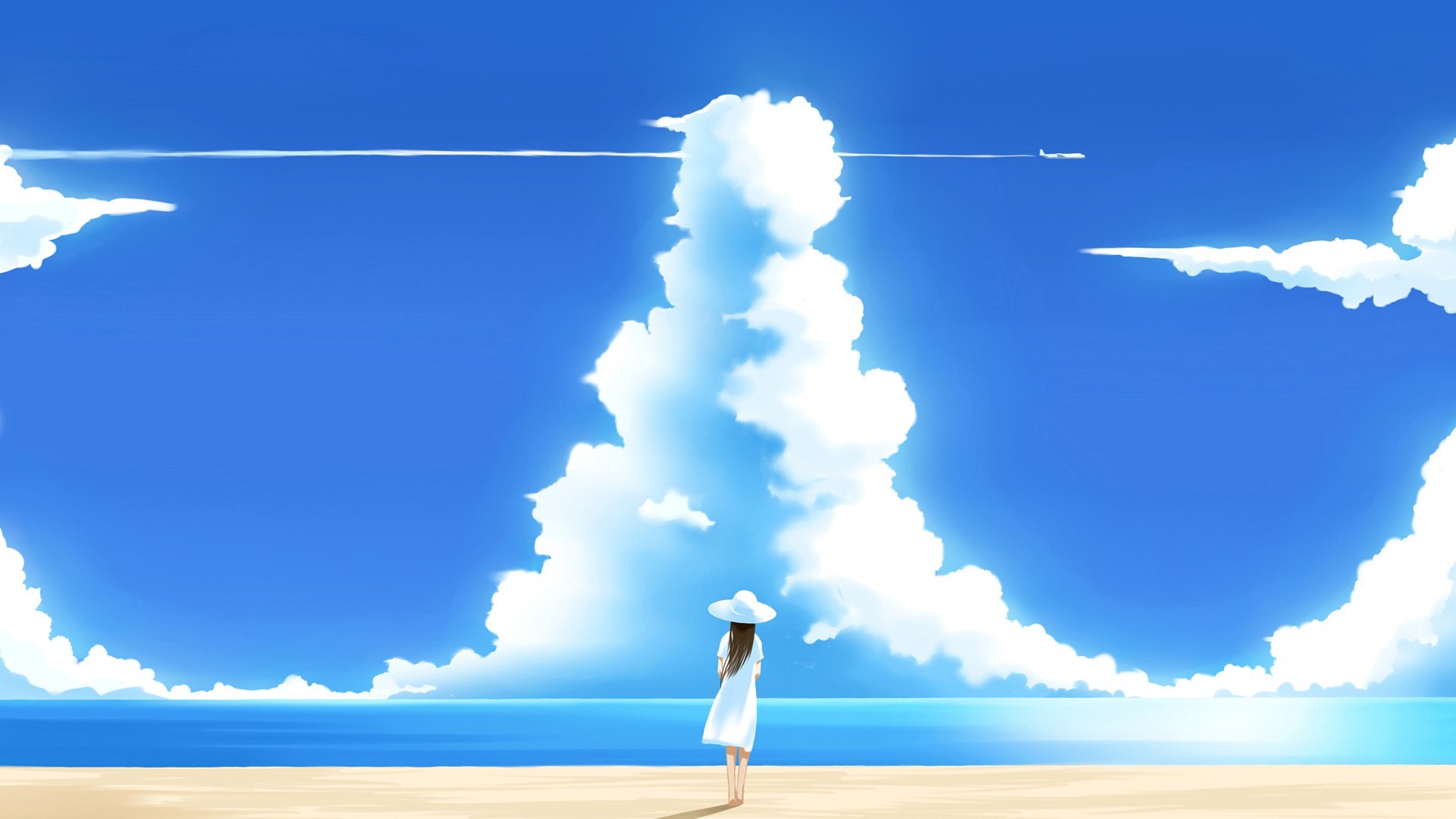 drawing, Blue, Sea, Water, Clouds Wallpaper