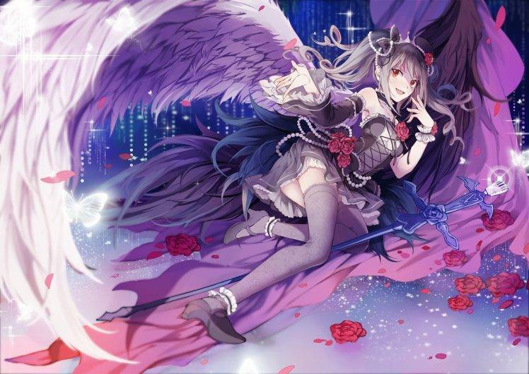 anime, Anime Girls, Thigh highs, Kanzaki Ranko, THE IDOLM@STER: Cinderella Girls, Wings, Rose HD Wallpaper Desktop Background