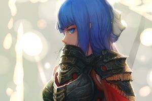 women, Anime, Blue Hair, Armor, Blue Eyes