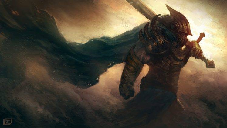 warrior, Armor, Sword, Helmet, Cape, Storm, Wind, Fantasy Art HD Wallpaper Desktop Background